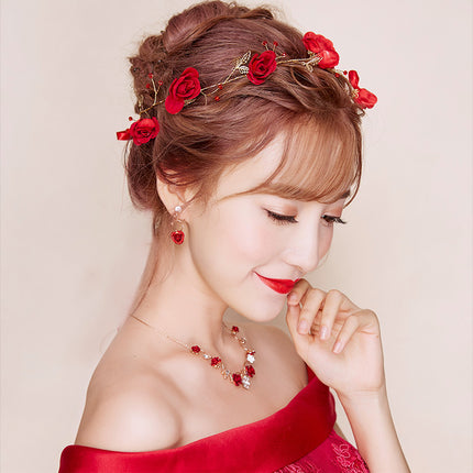 New Korean bridal jewelry necklace, earring, red rose necklace set, Wedding Toasting dress, accessories - Royalessencelux