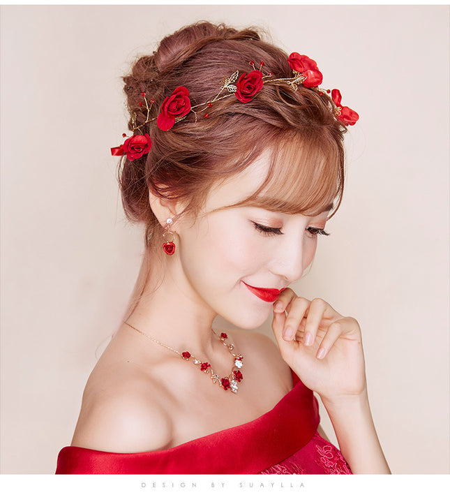 New Korean bridal jewelry necklace, earring, red rose necklace set, Wedding Toasting dress, accessories - Royalessencelux