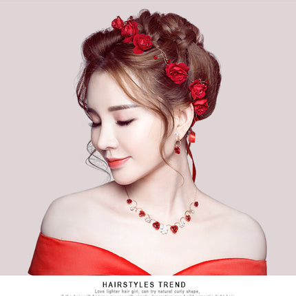 New Korean bridal jewelry necklace, earring, red rose necklace set, Wedding Toasting dress, accessories - Royalessencelux