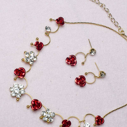 New Korean bridal jewelry necklace, earring, red rose necklace set, Wedding Toasting dress, accessories - Royalessencelux