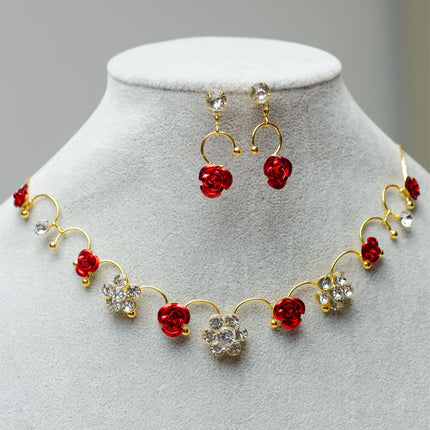 New Korean bridal jewelry necklace, earring, red rose necklace set, Wedding Toasting dress, accessories - Royalessencelux
