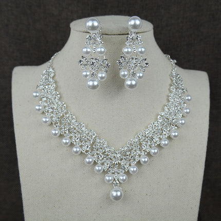 White pearl necklace diamond suit bride wedding accessories hair earrings set 0284 - Royalessencelux