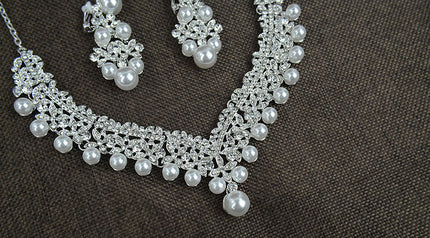 White pearl necklace diamond suit bride wedding accessories hair earrings set 0284 - Royalessencelux