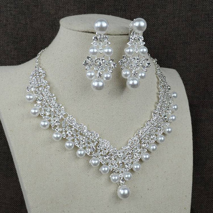 White pearl necklace diamond suit bride wedding accessories hair earrings set 0284 - Royalessencelux