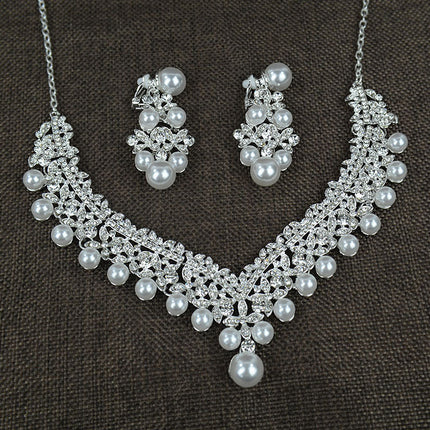 White pearl necklace diamond suit bride wedding accessories hair earrings set 0284 - Royalessencelux