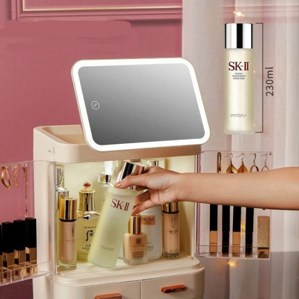 Mirror Integrated Light Desktop Large Capacity Lipstick Skin Care Products Cosmetics Storage Box - Royalessencelux
