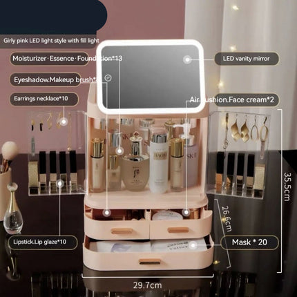 Mirror Integrated Light Desktop Large Capacity Lipstick Skin Care Products Cosmetics Storage Box - Royalessencelux