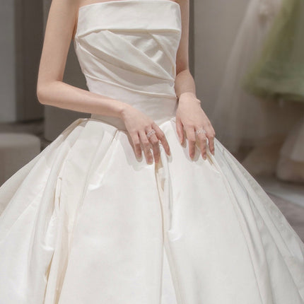 Women's Satin Tube Top Simple Elegant French Style Large Tail Elegant Wedding Dress - Royalessencelux
