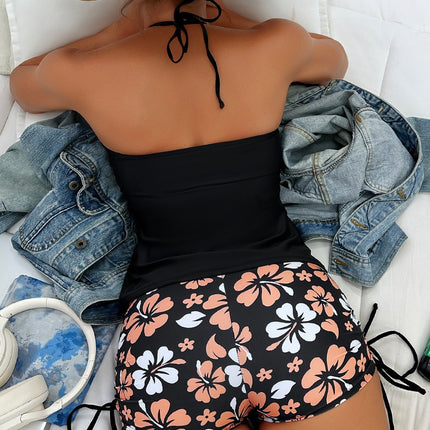 Halterneck Printed Halter Bikini Split Swimsuit For Women - Royalessencelux