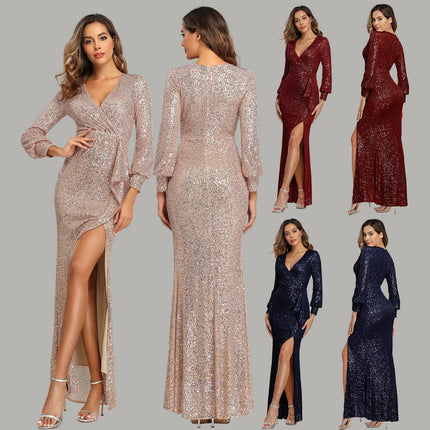 Fantasy Celebrity Sexy High Slit Long Sleeve Sequined Banquet Evening Dress Women - Royalessencelux