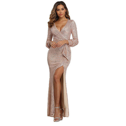 Fantasy Celebrity Sexy High Slit Long Sleeve Sequined Banquet Evening Dress Women - Royalessencelux
