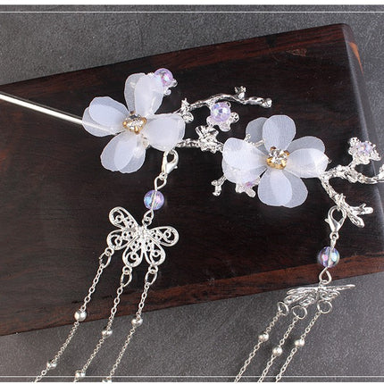 Ancient Style Hair Accessories Hanfu Plum Blossom Branch Tassel Hairpin White Flower Drill - Royalessencelux