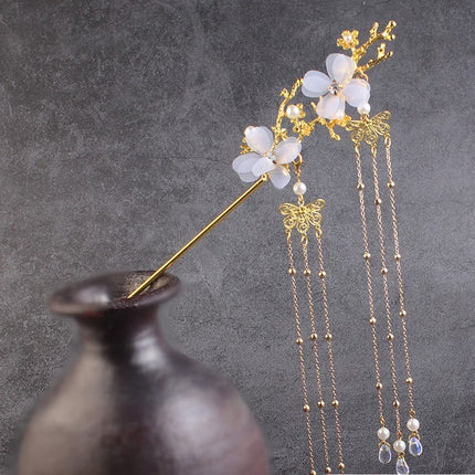 Ancient Style Hair Accessories Hanfu Plum Blossom Branch Tassel Hairpin White Flower Drill - Royalessencelux