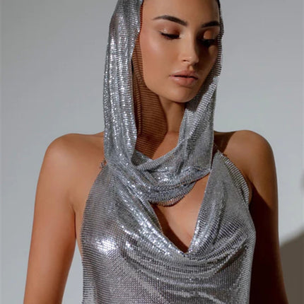 Back Slit Metal Sequins Top Scarf Two-piece Set - Royalessencelux