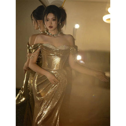 Gold Evening Dress Women's High-grade Sequined Off-shoulder Tube Top Toast Dress Bridal Fishtail Dress - Royalessencelux
