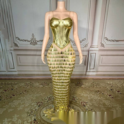 Golden Bright Surface Bandage Design Tight Waist Slimming Mermaid Day Formal Dress - Royalessencelux