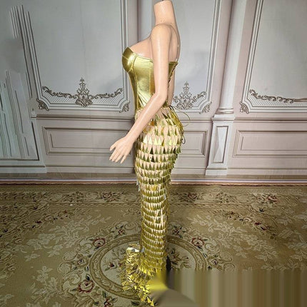 Golden Bright Surface Bandage Design Tight Waist Slimming Mermaid Day Formal Dress - Royalessencelux