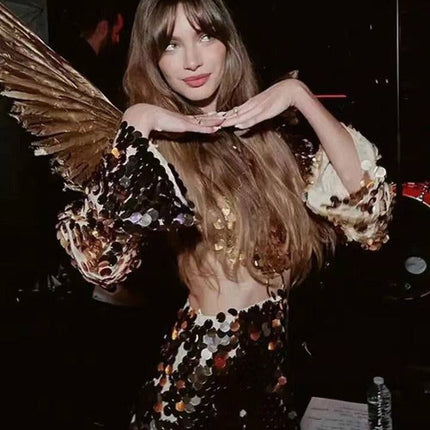 Sweet And Spicy Women's Long Sleeve Round Neck Sexy Large Sequined Evening Dress - Royalessencelux