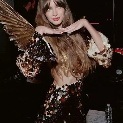 Sweet And Spicy Women's Long Sleeve Round Neck Sexy Large Sequined Evening Dress - Royalessencelux