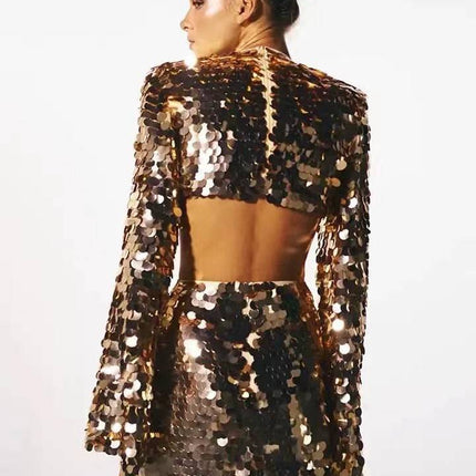 Sweet And Spicy Women's Long Sleeve Round Neck Sexy Large Sequined Evening Dress - Royalessencelux