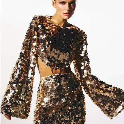 Sweet And Spicy Women's Long Sleeve Round Neck Sexy Large Sequined Evening Dress - Royalessencelux