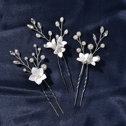 Three Sets Of White Flower U Shaped Hairpins - Royalessencelux
