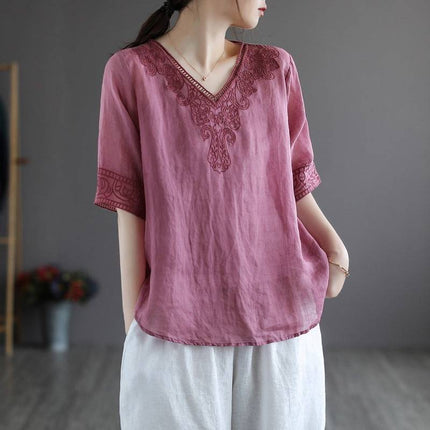Women's Fashion Retro Cotton And Linen Embroidered V-neck Short-sleeved T-shirt - Royalessencelux