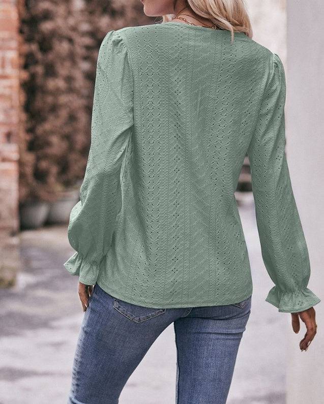 Ladies' Solid Color V-neck Lace Sleeves Fashionable Versatile Shirt - Royalessencelux