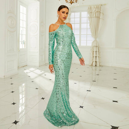 Long Sleeve Off-the-shoulder Banquet Sequined Sheath Fishtail Dress - Royalessencelux