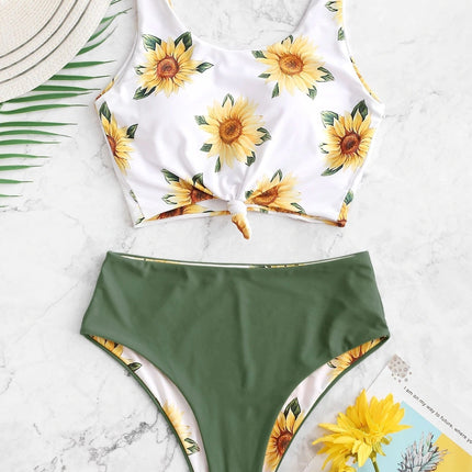 Printed SUNFLOWER Bikini Split Swimsuit For Women - Royalessencelux