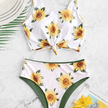 Printed SUNFLOWER Bikini Split Swimsuit For Women - Royalessencelux
