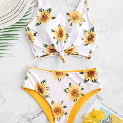 Printed SUNFLOWER Bikini Split Swimsuit For Women - Royalessencelux