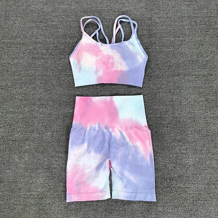 Seamless Sport Set Women Two Piece 2PCS Tie Dye Crop Bra Shorts Workout Outfit Fitness Wear Running Gym Female Yoga Sets Clothes - Royalessencelux