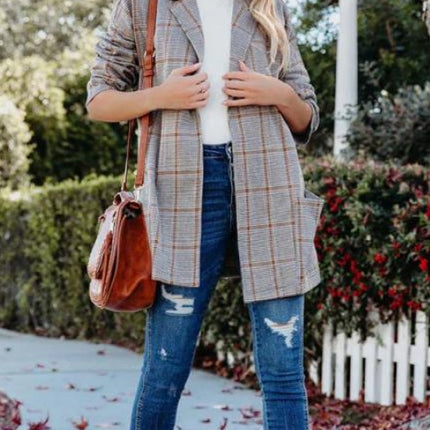 Ladies' Plaid Printed Open Collar Casual Suit Jacket - Royalessencelux