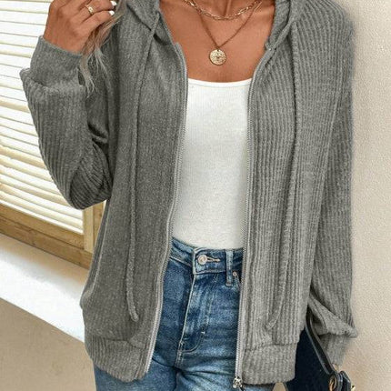 Women's Solid Color Hooded Zipper Fashionable Hoodie - Royalessencelux