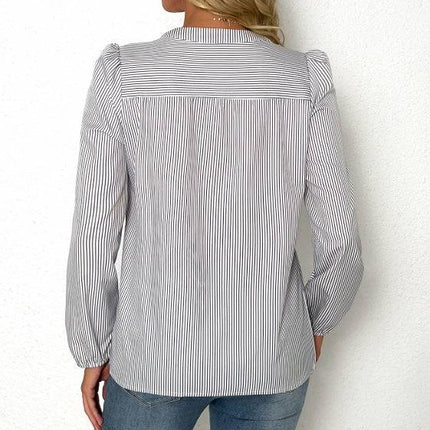 Women's Solid Color V-neck Striped Fashionable Versatile Shirt Top - Royalessencelux