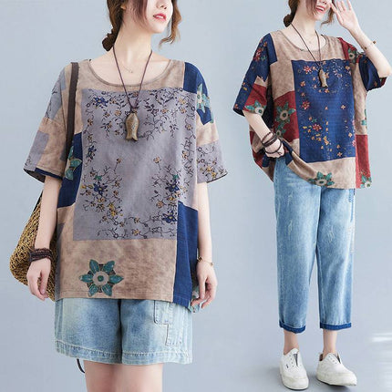 Ethnic Style Loose Round Neck Print Short Sleeve T-shirt - Royalessencelux