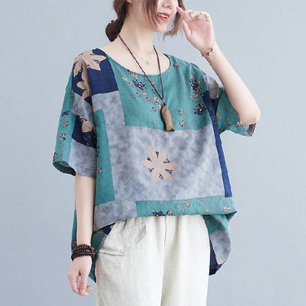 Ethnic Style Loose Round Neck Print Short Sleeve T-shirt - Royalessencelux