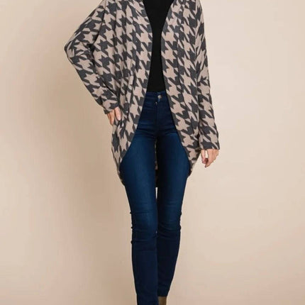 BOMBOM Houndstooth Open Front  Knit Cardigan - Royalessencelux