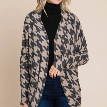 BOMBOM Houndstooth Open Front  Knit Cardigan - Royalessencelux