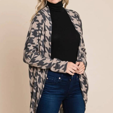 BOMBOM Houndstooth Open Front  Knit Cardigan - Royalessencelux