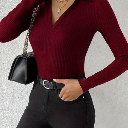 Women's Solid Color V-neck Fashionable Slim Fit Top - Royalessencelux