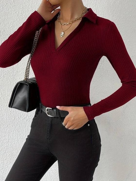 Women's Solid Color V-neck Fashionable Slim Fit Top - Royalessencelux