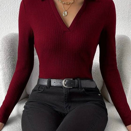 Women's Solid Color V-neck Fashionable Slim Fit Top - Royalessencelux