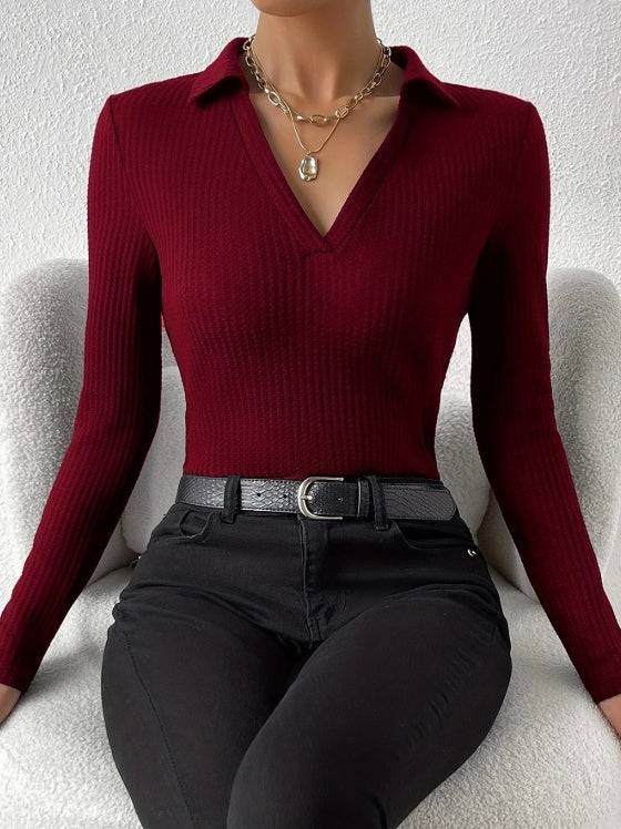 Women's Solid Color V-neck Fashionable Slim Fit Top - Royalessencelux