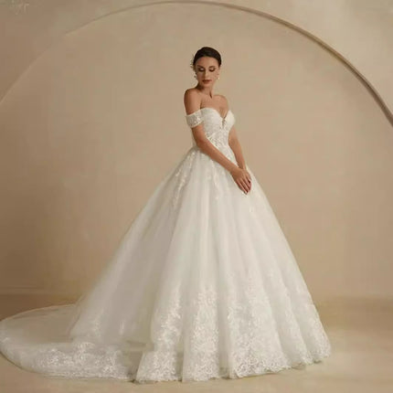 Off-shoulder Bridal Main Wedding Dress Elegant Court Style High-grade Luxury French Light Door Yarn - Royalessencelux