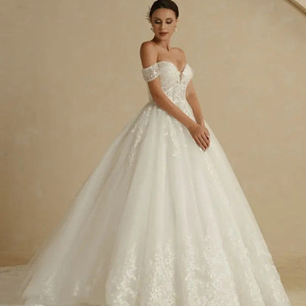 Off-shoulder Bridal Main Wedding Dress Elegant Court Style High-grade Luxury French Light Door Yarn - Royalessencelux
