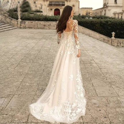 Long Sleeve Wedding Dress Mori Style Bridal Simple Round Neck - Royalessencelux