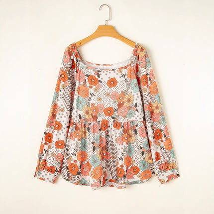 Women's Casual Loose Floral Printed Square Collar Chiffon Shirt - Royalessencelux