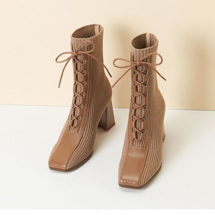 Fashion Patchwork Knitting Women's Square Toe Chunky Heel Fashion Skinny Boots - Royalessencelux